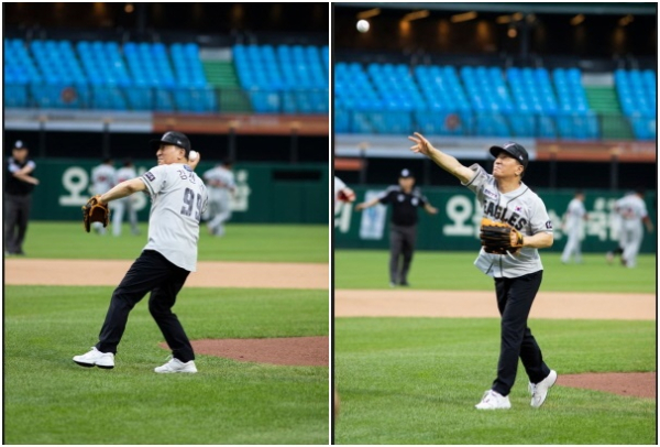 김선재 배재대 총장이 29일 한화vs SSG경기에서 시구를 하고 있다