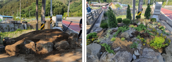 (좌)마을정원 조성 전 모습, (우) 정원 조성 후 모습