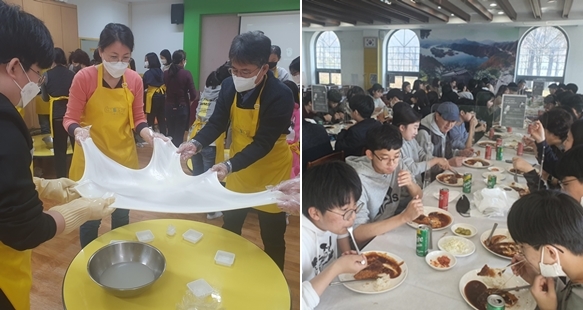 성덕중 학생, 학부모들이 임실치즈마을에서 치즈 만드는 모습(왼쪽)과 학생, 학부모가 같이 만든 피자를 시식하는 모습