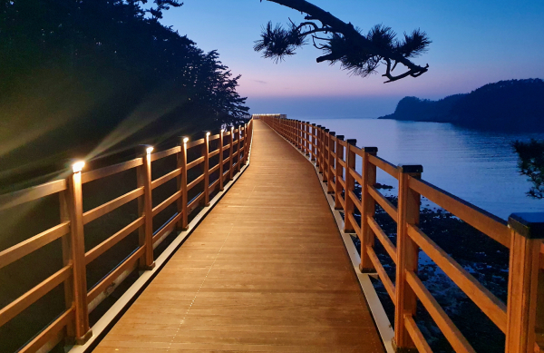 만리포 뭍닭섬 해안보도교 조명 모습.