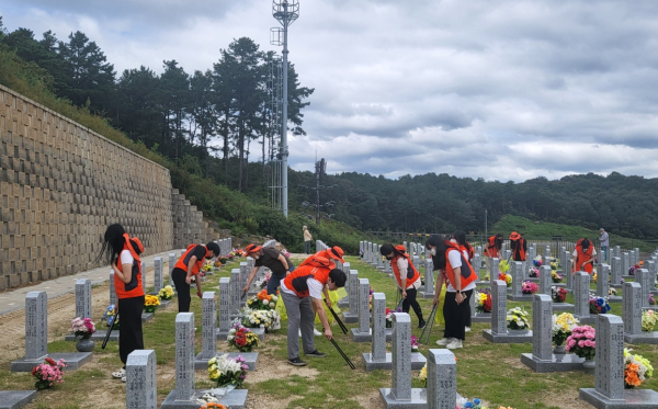 국립대전현충원에서 호국영령 묘비 닦기 및 환경정비 봉사활동 모습
