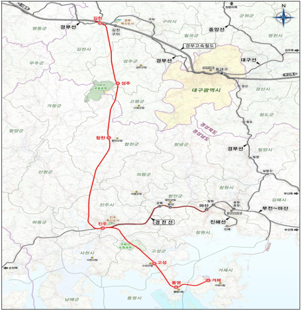 남부내륙철도 건설사업 노선도