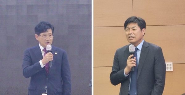 의견을 제시하는 정도희 의장(좌)과 박종덕 교육장(우)/박동혁 기자