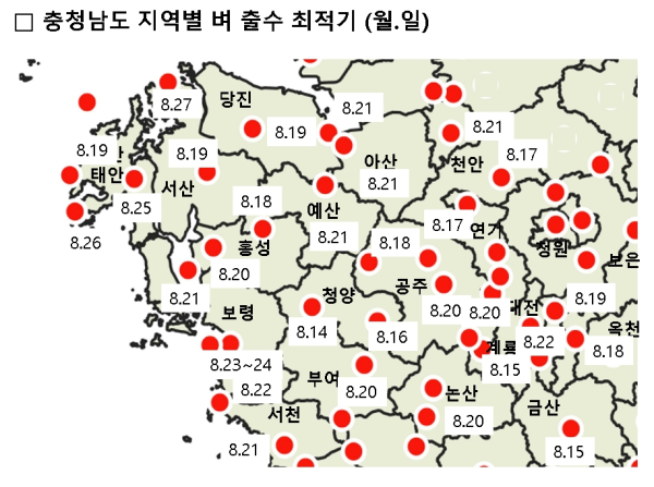 충남도 지역별 벼 출수 최적기