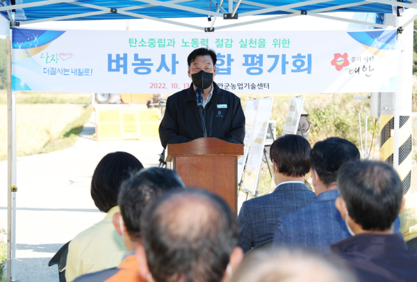 지난 13일 소원면 법산리에서 진행된 벼농사 종합평가회 모습.