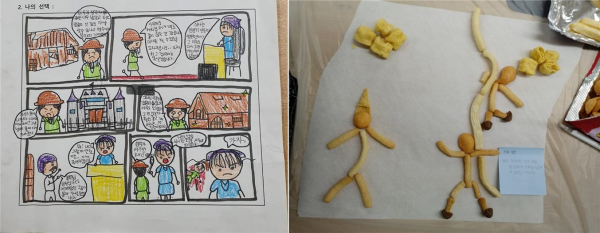 왼쪽부터 중세시대 농노의 입장에서 가상 일기 써보기, 과자로 표현하는 민주시민 결과물