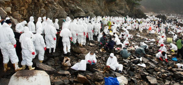 2007년 기름유출사고 당시 방제작업에 나선 자원봉사자들.