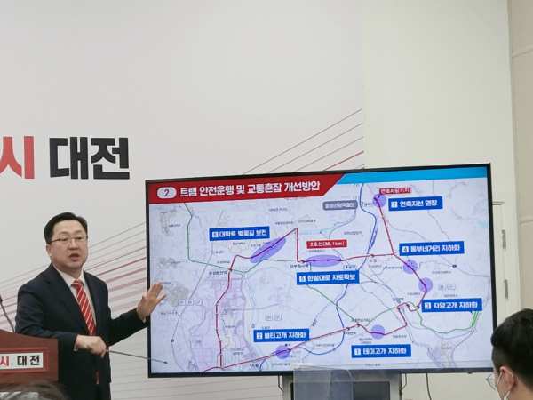 이장우 대전시장이 20일 기자회견에서 도시철도2호선 트램 건설 계획을 발표하고 있다.
