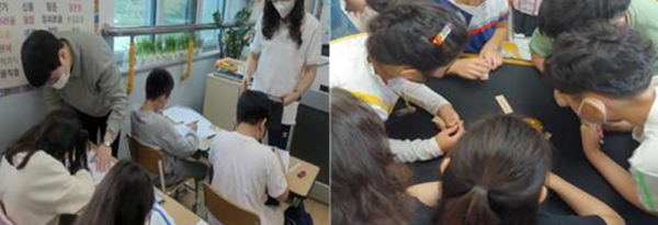담임교사와 초등 수합협력교사가 함께 협력수업을 진행하고 있다.