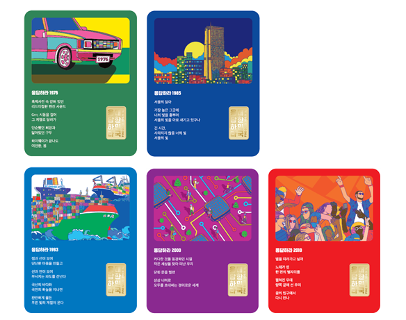 한국조폐공사는 대한민국의 성장 스토리를 주제로 특별한 아티스트들과협업한 ‘응답하라 대한민국 기념메달’을 선보였다. 사진 위쪽부터 자동차, 건설, 조선업, 반도체, K-POP