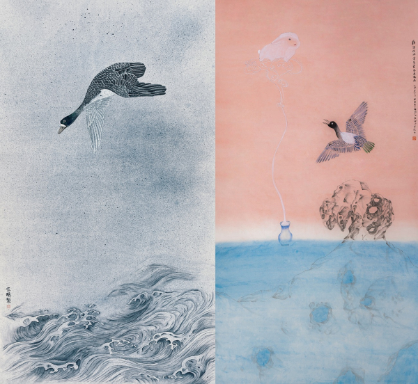 이가붕 작가의 작품 ‘역류’(왼쪽)와 ‘희망’(오른쪽). 화선지에 수묵담채, 97x180㎝, 2022.