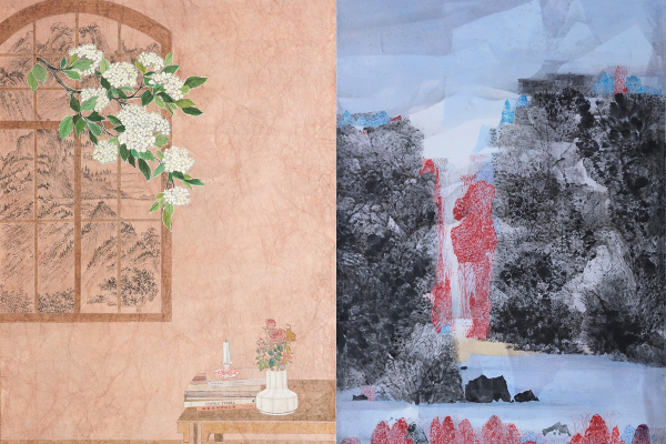 학채의, 나의 방, 97x130㎝, 한지에 채묵, 2021(왼쪽). 염이정, 산수,162x484㎝, 화선지에 수묵담채, 2022(오른쪽)