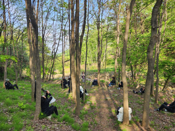 지난 5월 초 경북 영주시 봉현면 국립산림치유원 두충나무숲에서 노인건강증진(항노화) 프로그램 참가자들이 숲 명상을 하고 있다.