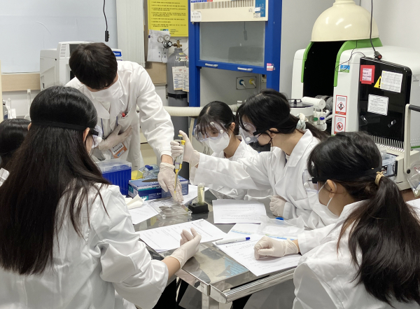 2023년 순천향 청소년 과학캠프에 참가한 학생들이 환경보건학과 실험실에서 ‘가정용 회로 시험기를 응용한 수질오염 측정’ 체험 프로그램에 참여하고 있다.