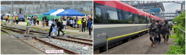 27일 부산역에서 ‘드론테러에 의한 재난대응 합동훈련’ 중 테러범 진압 훈련을 시행하고 있다.