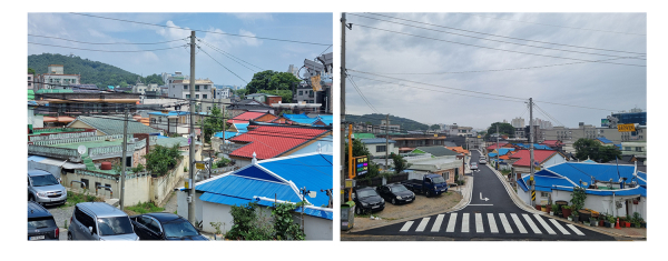 읍내동 도시재생 도시계획도로(소로3-175호) 준공 전후 모습(왼쪽이 준공 전, 오른쪽이 준공 후)