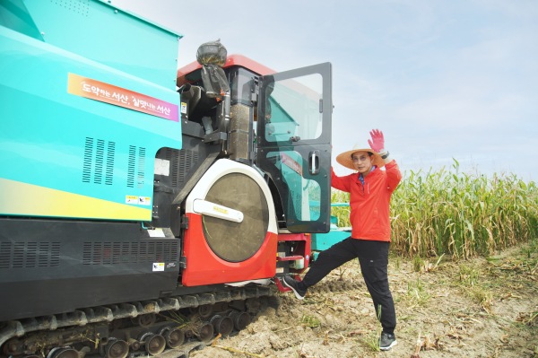 9일 고북면 친환경 조사료 생산단지 일원에서 열린 사료용 옥수수 수확 연시회 모습