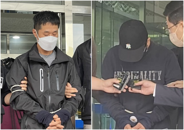 검찰 송치 전 기자회견을 갖는 이승만(왼쪽)씨와 이정학씨