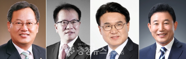 왼쪽부터 국민의힘 이은권 대전시당 위원장, 강영환 전 청와대 행정관, 더불어민주당 황운하 국회의원, 박용갑 전 중구청장. (이상 여야순)