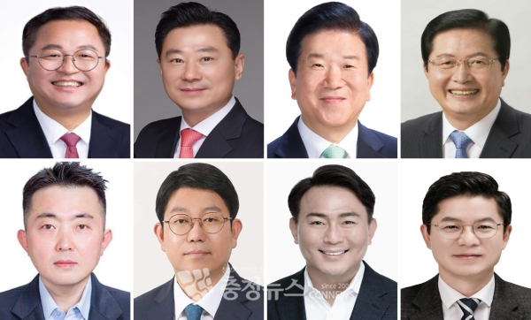 왼쪽 위부터 국민의힘 조수연 서구갑당협위원장, 김경석 전 서구의원, 더불어민주당 박병석 국회의원, 장종태 전 서구청장, 이용수 전 국회의장 정무수석비서관, 전병덕 변호사, 유지곤 이사장, 이영선 변호사. (이상 여야순)