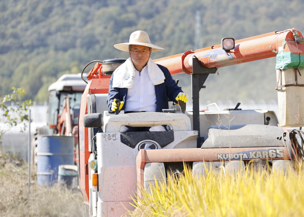 17일 ‘2023년 벼 베기행사’가 개최된 가운데, 정용래 유성구청장이 벼 수확 체험을 하고 있다.