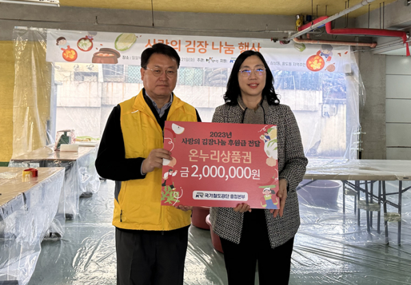 충청본부 이현철 재산지원처장(왼쪽)이 밀알복지관 김은옥 관장(오른쪽)과 함께 21일 기부금을 전달하고 기념촬영