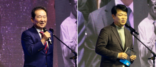 (왼쪽부터)축사를 하는 정세균 전 총리와 복기왕 충남도당 위원장/사진=박동혁 기자