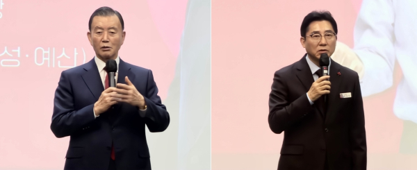 (왼쪽부터)축사를 하고 있는 홍문표 국민의힘 충남도당 위원장과 박경귀 아산시장/사진=박동혁 기자