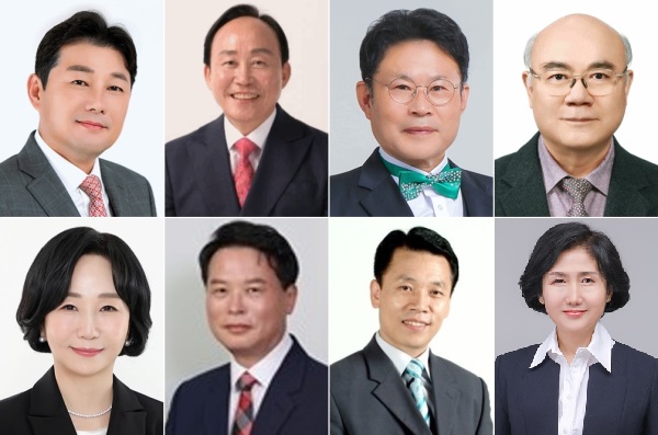 (윗줄 왼쪽부터) 이준배 전 세종시 경제부시장, 조관식 전 국회입법정책연구회 정책조정위원장, 송광영 전 건양대 겸임교수, 안봉근 연동어린이집 대표. (아랫줄 왼쪽부터) 송아영 시당위원장, 오승균 중앙위원회 교육분과 부위원장, 김재헌 세종미래전략포럼 대표, 이기순 전 여성가족부 차관