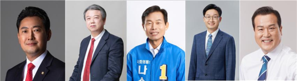 왼쪽부터 장동혁 의원, 고명권, 나소열, 신현성, 구자필 예비후보