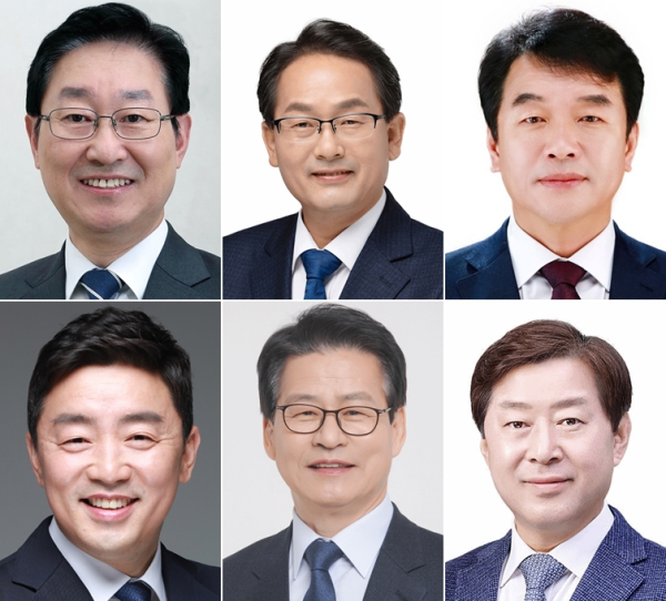 (윗줄 왼쪽부터) 더불어민주당 박범계 대전서구을 국회의원, 강준현 세종을 국회의원, 문진석 충남천안갑 국회의원.(아랫줄 왼쪽부터) 강훈식 충남아산을 국회의원, 임호선 충북증평진천음성 국회의원, 황명선 전 논산시장.