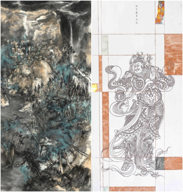 (좌)사진. 정가, 산구름과 안개, 240x120cm, 화선지에 수묵담채, 2023/ (우)사진. 희신화，서방광목천왕，한지에 광물색소，90×180cm,2023