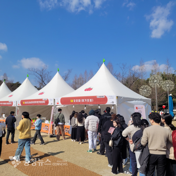 딸기모찌 부스. 줄이 길게 늘어서 있다. /조홍기 기자