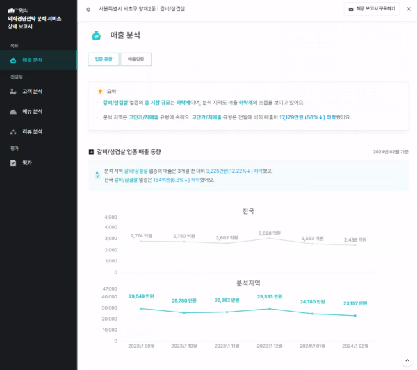 분석 서비스 메인화면 상세 보고서 일부 발췌