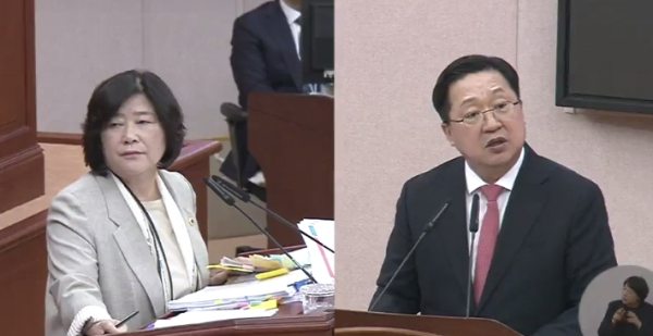 (왼쪽부터)안경자 대전시의원, 이장우 대전시장. (사진=대전시의회 인터넷방송 갈무리)