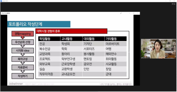 ‘수(水)요 테마특강’으로 운영한 취업 포트폴리오 작성법 및 노하우 온라인 특강 모습
