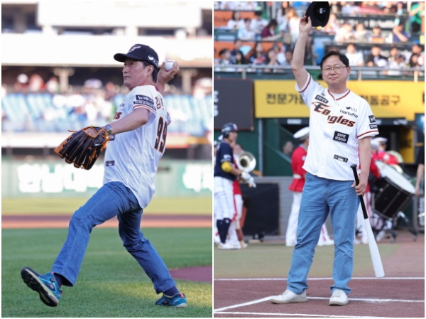 (좌) 김진환 대한민국상이군경회 대전시부장 시구, (우)강만희 대전지방보훈청장 시타 모습