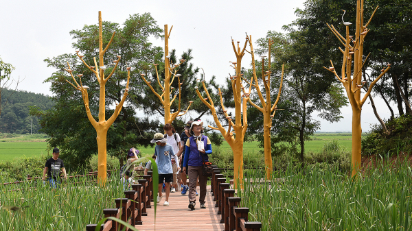 서산버드랜드를 찾은 방문객이 생태탐방로를 걸으며 천수만의 생태와 환경을 둘러보고 있다.