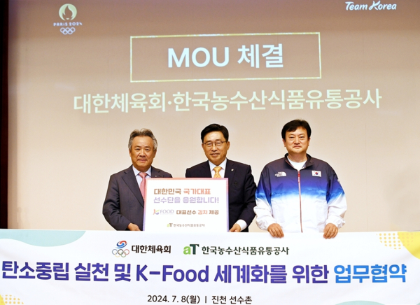 한국농수산식품유통공사-대한체육회 MOU 겸 김치 전달식 * 한국농수산식품유통공사 김춘진 사장(가운데), 이기흥 대한체육회장(왼쪽), 정강식 올림픽 선수단장(오른쪽)