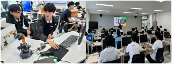 서대전고·아산고 학생들이 다담미래학습관    의 ‘지능형 로봇 Lab’에서 전공체험을 하는 모습(왼쪽)과 ‘파이썬 프로그램 만들기’ 체     험 장면(오른쪽)