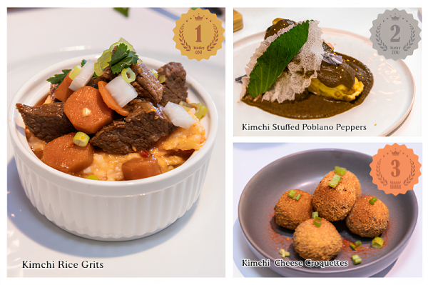 콘테스트 입상작 * 1등 : 김치라이스그리츠(좌측), 2등 : 김치포블라노페퍼(우측상단), 3등 : 김치치즈크로켓(우측 하단)