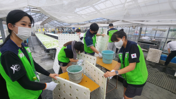 일본 코텐바시를 방문해 현지 장애인들과 농장에서 봉사활동을 진행하는 모습