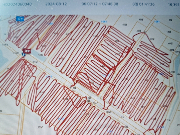 농업용 드론 통합 시스템 운영(비행기록장치에 항공방제 경로가 표시된 모습)