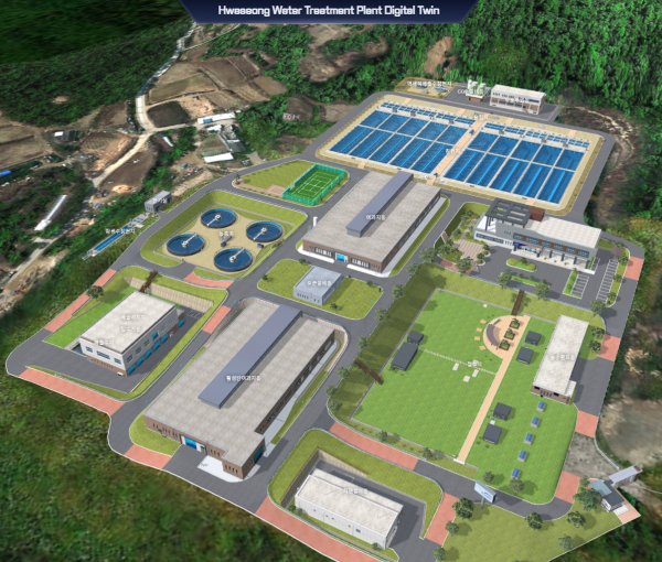디지털트윈으로 구현된 화성정수장 전경(3D)