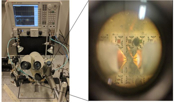 연구진이 마그논 미세구조 관측에 이용한 VNA 장비(좌)와 마그논 소자(우)