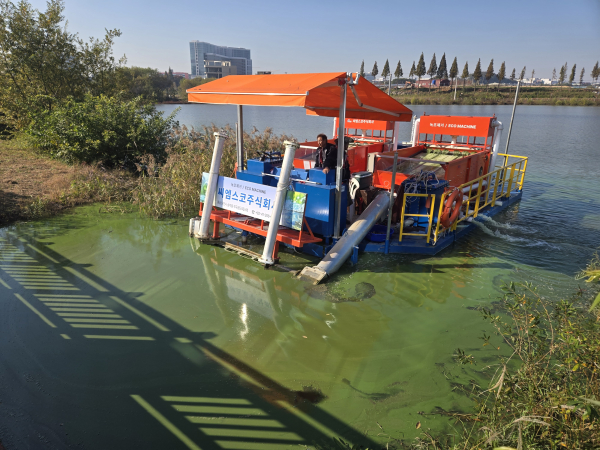 씨엠스코주식회사가 수상용 복합공정의 대규모 녹조제거장치를 이용해 성성호수공원의 녹조를 제거하고 있다.