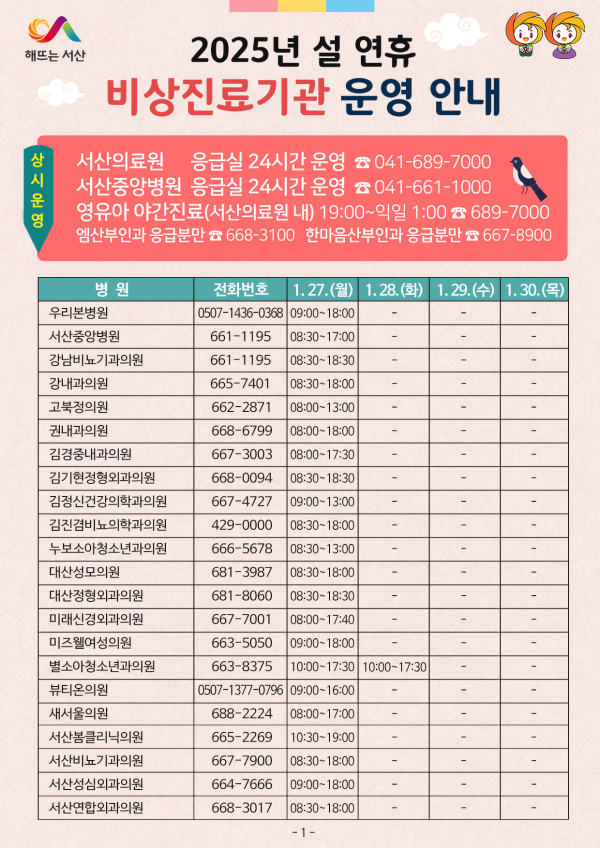 2025년 설 연휴 비상진료기관 운영 안내 홍보물
