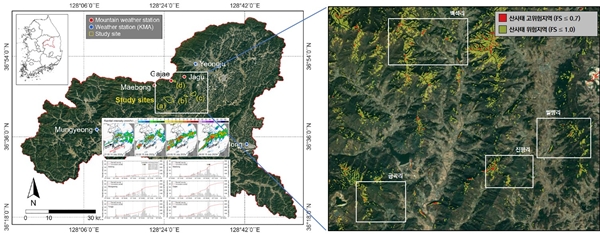 산사태 예측기술 설명도. 기상청 강우 측정망(왼쪽)과 기상자료 반영 산사태 위험지 분석 결과.