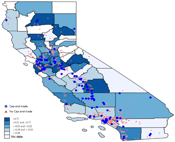미국 캘리포니아_배출권 거래의 영향을 받는 제조 시설과 카운티의 탄소 배출 변화