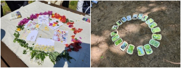 전월산 숲에서 찾은 자연물을 활용한 다양한 놀이와 체험 활동을 진행하고 있는 모습